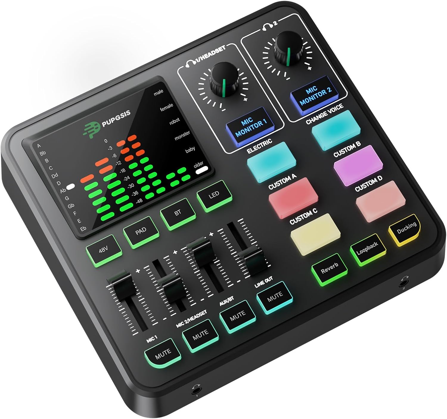 PUPGSIS Gaming Audio Mixer, Audio Interface for PC/Podcast/Streaming, Sound Board with 3.5mm/XLR Mic Input, 48V Phantom Power, Voice Changer, Live Sound Card with DJ Mixer Effects/Bluetooth/4 Channel