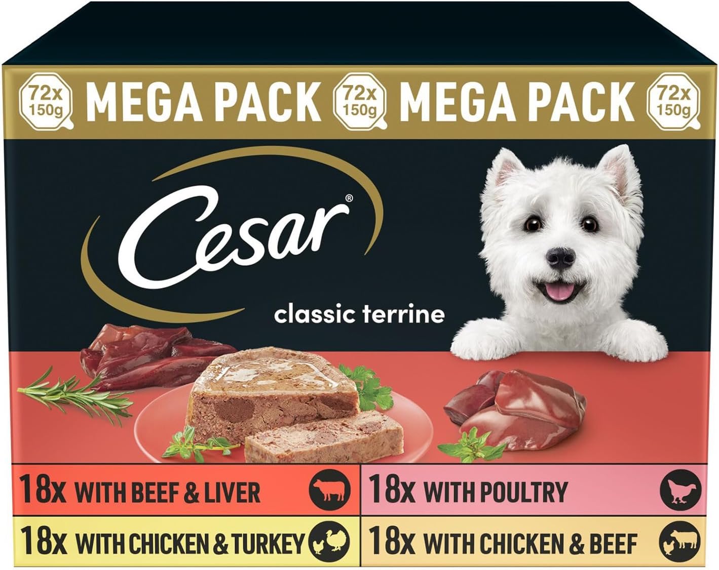 72 x 150g Cesar Classic Terrine Adult Wet Dog Food Trays Mixed Selection