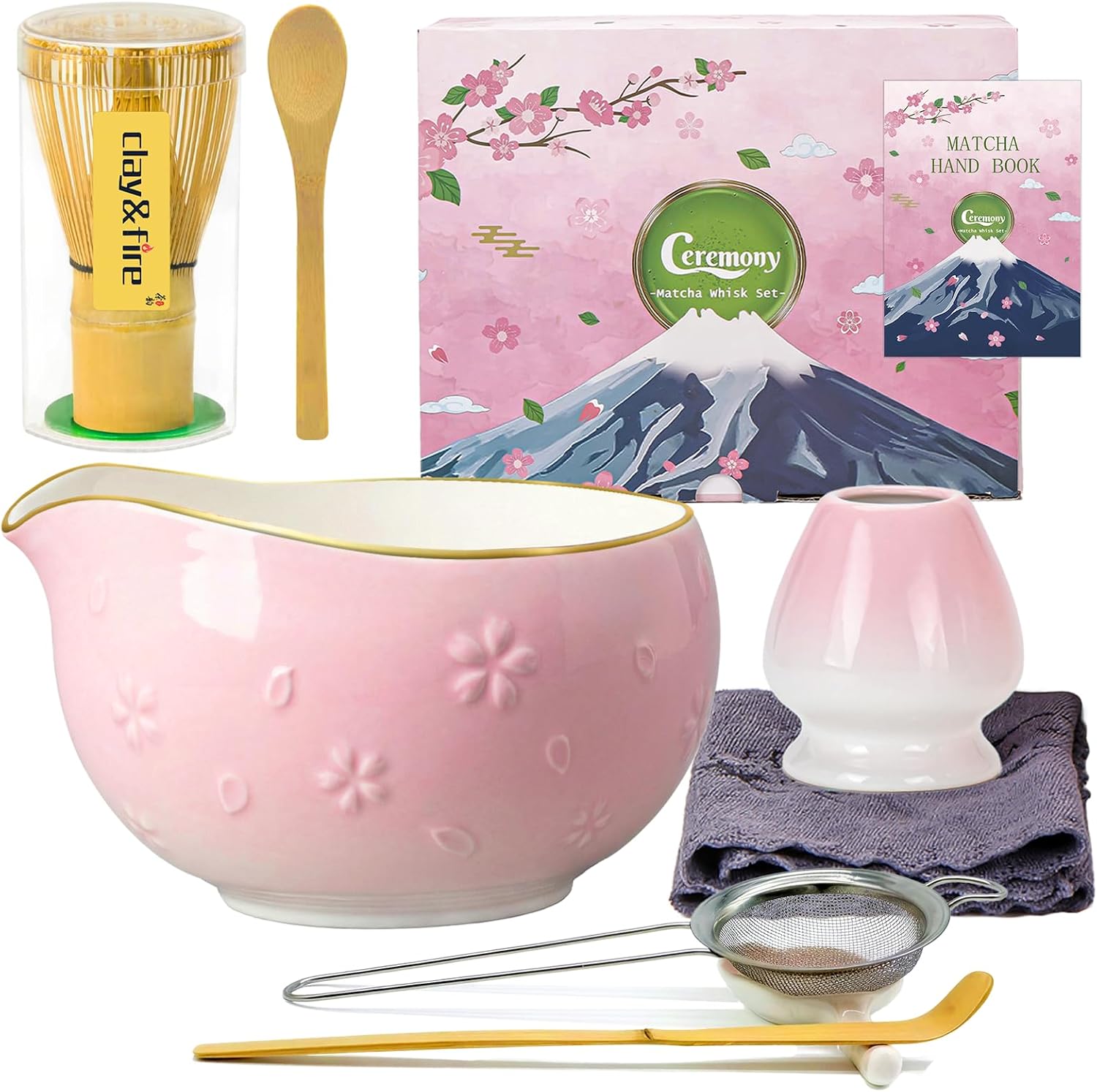 Clay&Fire Matcha Whisk Set, 9 pcs Ceramic Matcha Set, Gifts for Women,Matcha Bowl with Spout and Whisk, Matcha Kit for Matcha Lovers, Ideal Gift Christmas, Birthday, Anniversary (Cherry Bloom-Pink)