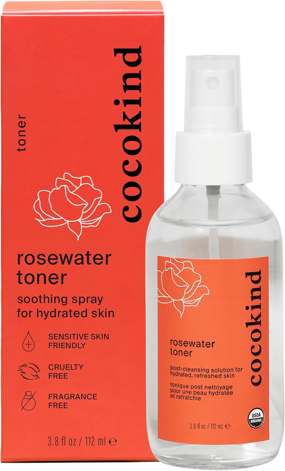 Rosewater Facial Toner by Cocokind, Multipurpose Spray to Set Makeup, Double Cleanse, and Balance Skins pH, Made with Rose Hydrosol, 4 Fl Oz