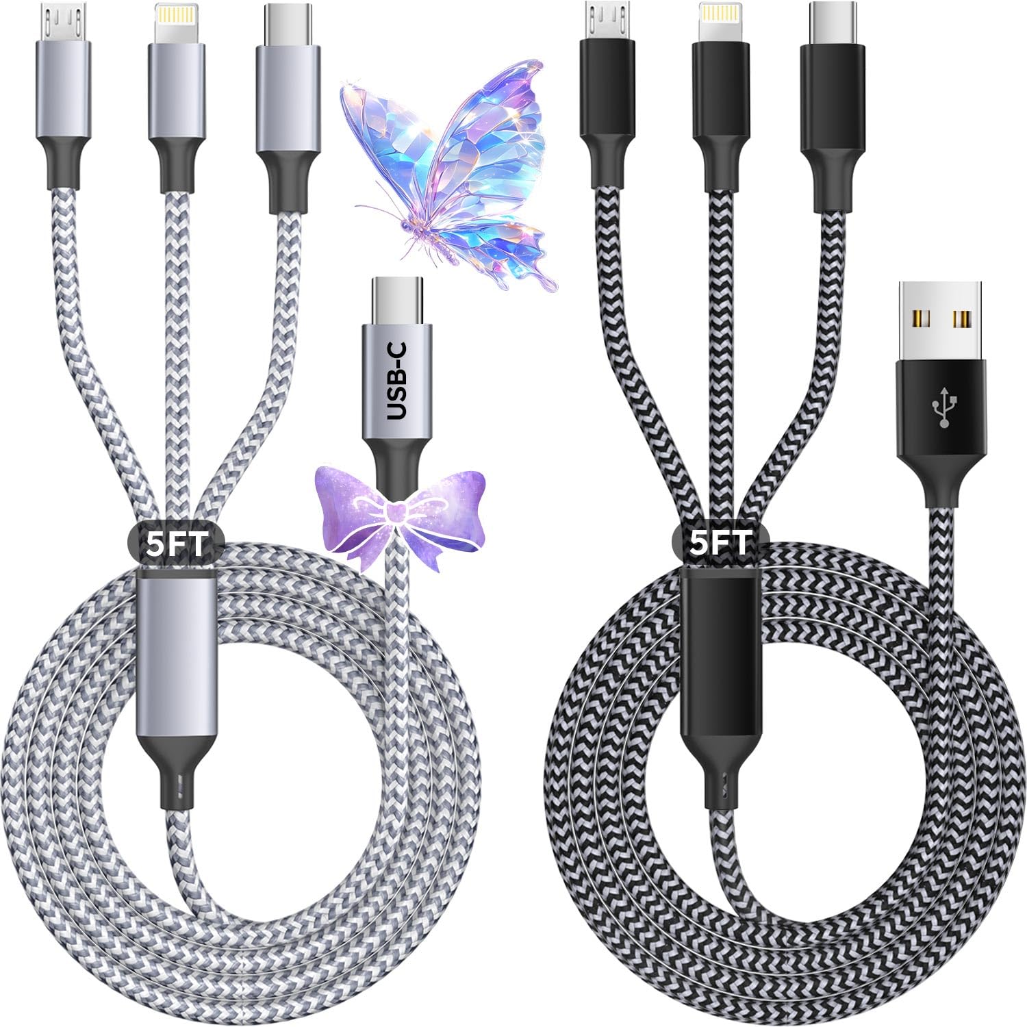 Multi Charging Cable (5FT 2Pack), 3 in 1 Charging Cable, USB A/C Charging Cords, Nylon Braided Chargers for Multiple Devices with Type C, Micro USB, IP Port for iPhone16/15 Series/Cell Phones and More