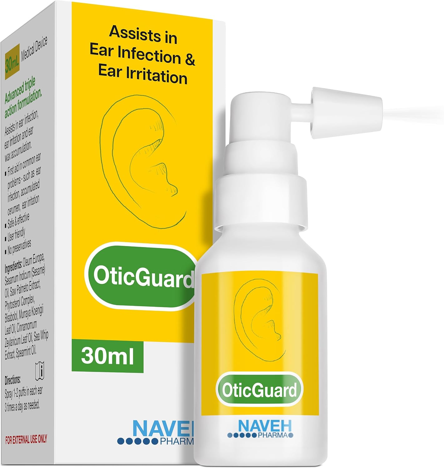 NAVEH PHARMA Otic Guard - Natural Ear Spray Drops | Organic Herbal Sweet Oil Blend 3 in 1| Itchy Ear, Swimmer's Ear, & Ear Wax Removal | Clogged Ears | 1 Fl Oz