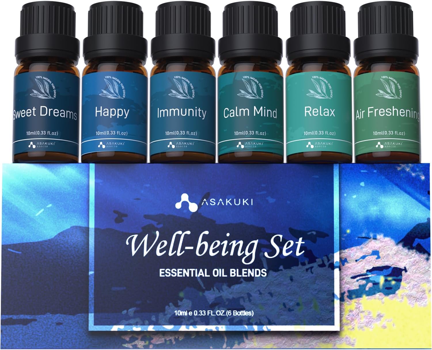 ASAKUKI Essential Oil Blends Gift Set, 6x10ml Well-Being Oils for Diffusers
