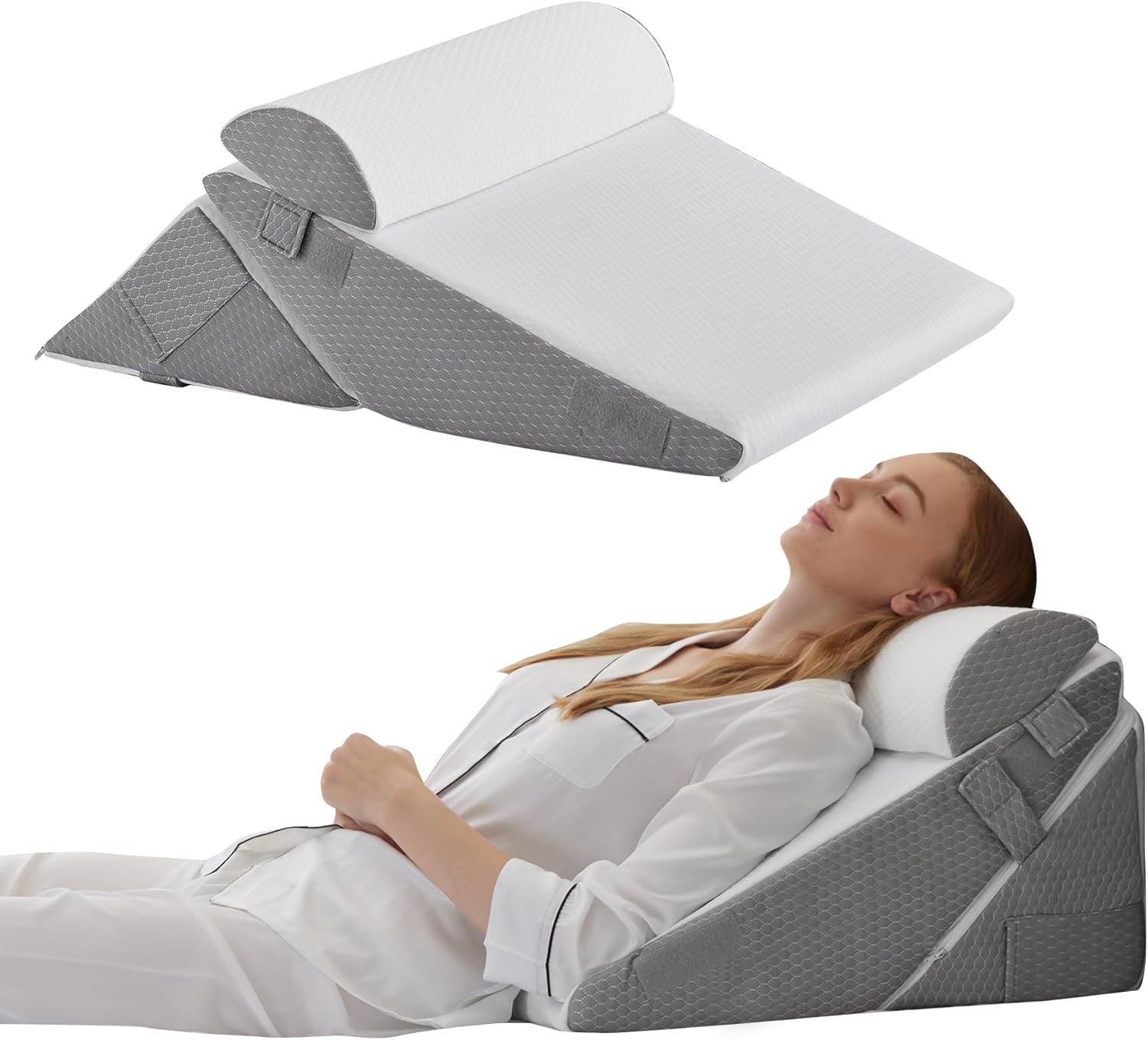 Wedge Pillow Headboard, 3PCS Orthopedic Bed Wedge Pillows Set for After Surgery, Adjustable Pillow Wedge for Acid Reflux&Back Pain Relief, Sleeping, Back Pillow for Bed Sitting Up, White/Grey
