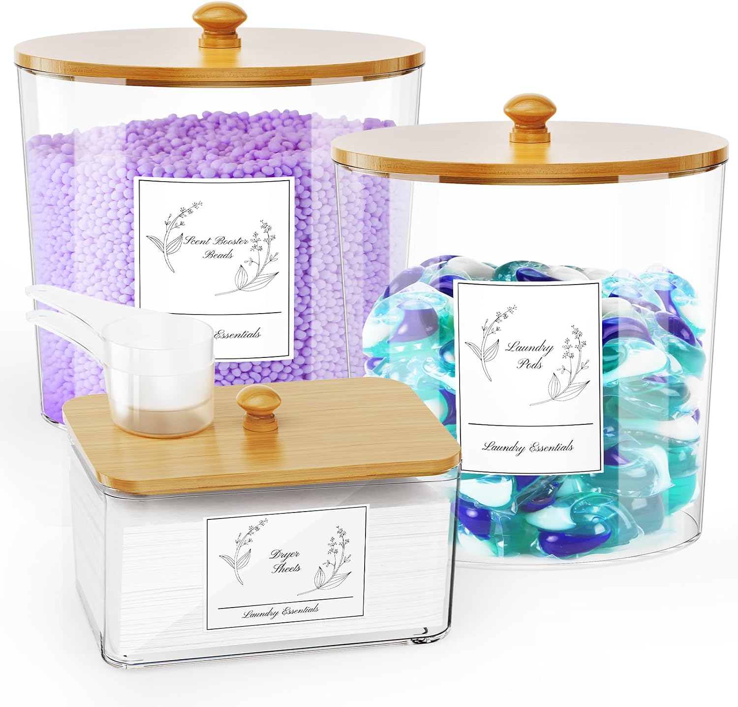 3 Pack Laundry Powder Container & Dryer Sheet Holder, Large Plastic Laundry Room Organization and Storage Jars with Lids, Labels & Scoops for Powder, Detergent, Scent Booster