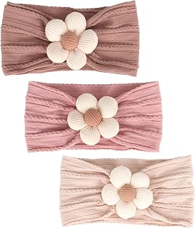 3 Pcs Baby Flower Headbands Baby Girls Nylon Headbands Soft Hairbands Hair Accessories for Newborn Infant Toddler Kids (Beige Pink Khaki)