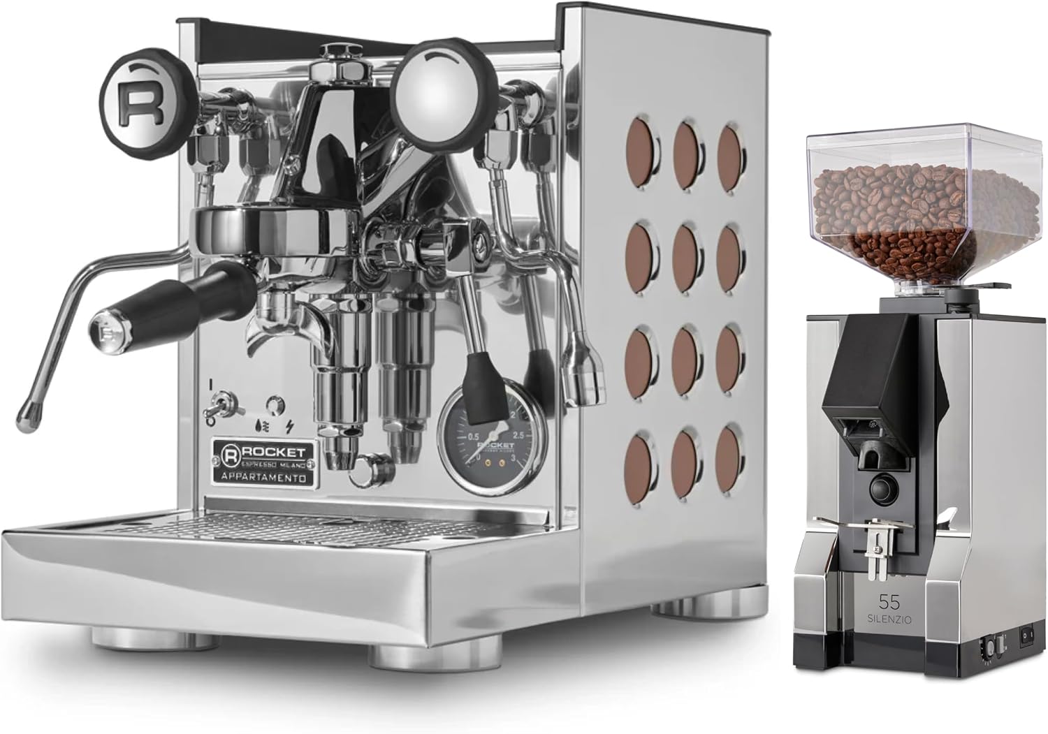 Rocket Espresso Appartamento TCA Espresso Machine and Eureka Mignon Silenzio 55 Grinder Bundle (Stainless Steel Copper/Chrome)