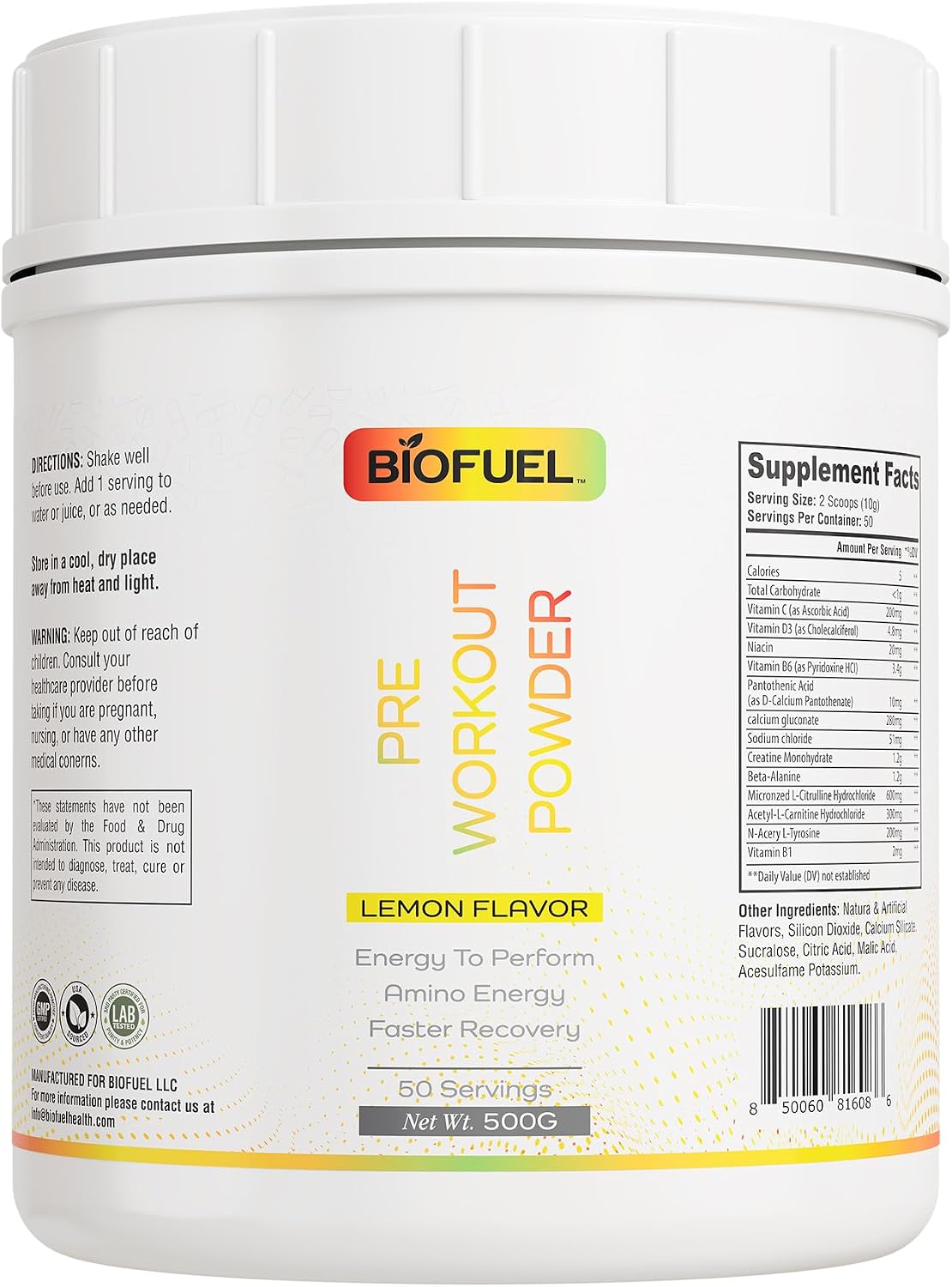 Biofuel Pre-Workout Powder – Enhances Amino Energy, Workout Performance, and Recovery – Natural Lemon Flavor, 500g, 50 Servings