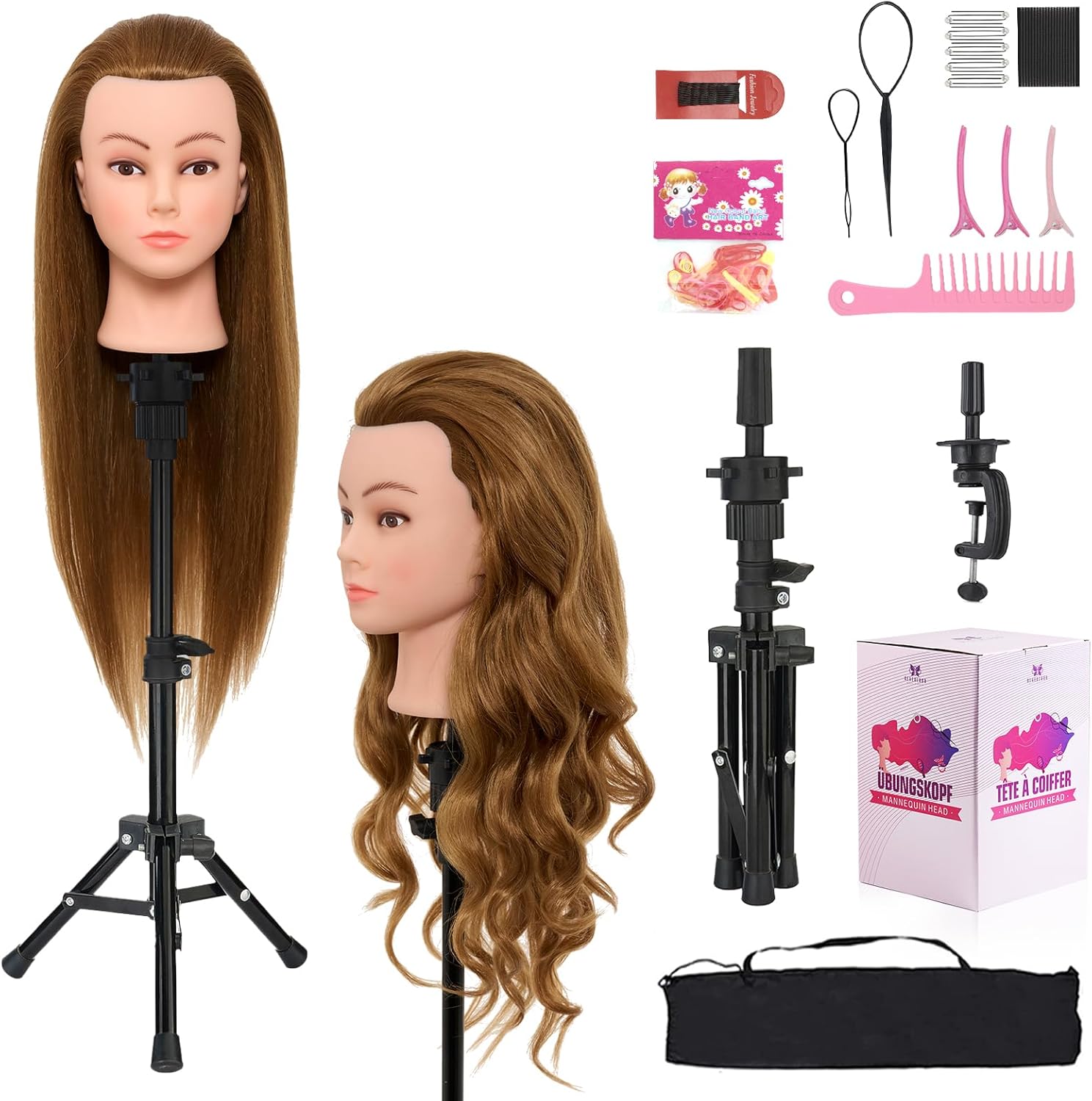 Neverland Beauty Hairdressing Head with Tripod Stand, 26-28" 60% Real Human Hair Mannequin Head, Training Head for Braiding, Practice Doll Head with Table Clamp & Accessories(Golden)