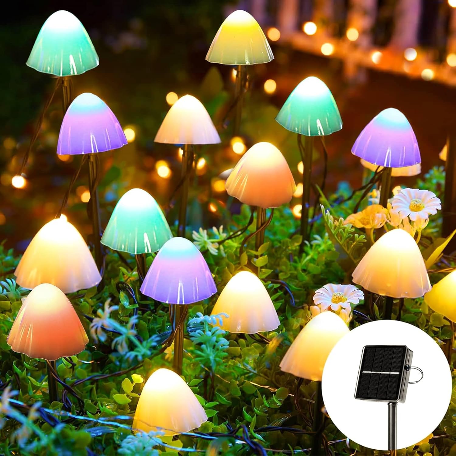 Joycome Solar Garden Ornaments 5M 20 LED Mushroom Solar Lights, Outdoor Waterproof Mushroom Ornaments for Pathway Landscape Fence Lawn Backyard Halloween Decorations (Multicolor)