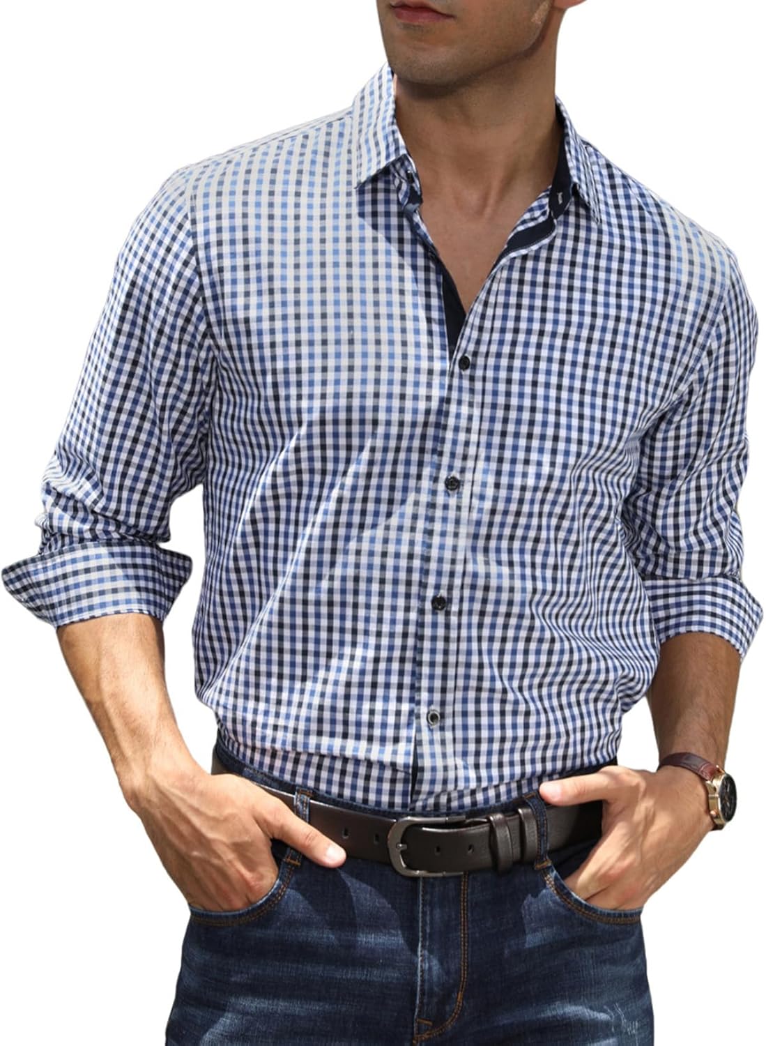 Elegancity Mens Dress Shirt Plaid Cotton Business Formal Shirts Regular-Fit Wrinkle-Free Long Sleeve Button Down Casual Shirts S-XXL