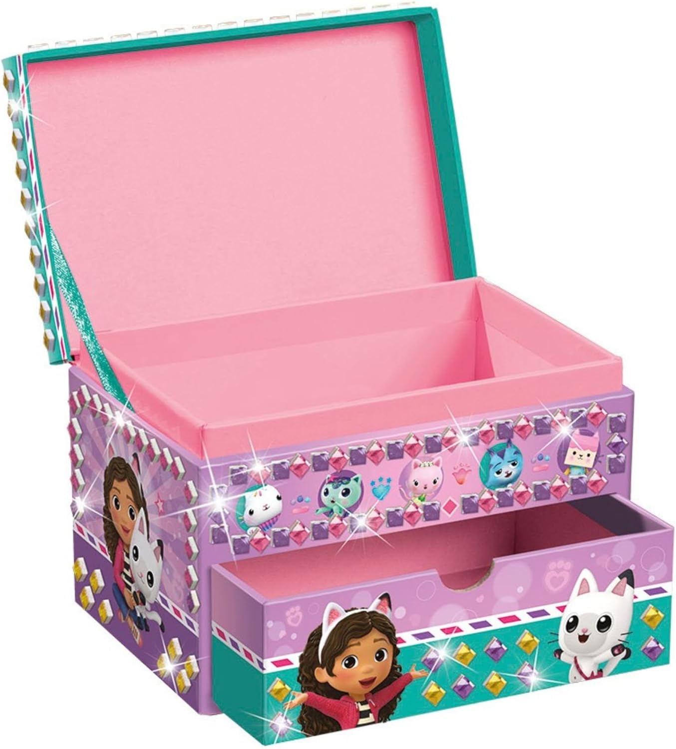Totum Gabby's Jewellery Box, Children's Jewellery Box in Pink, Gold, Purple & Green with Drawer, Netflix Gabby's Dollhouse Motifs, Girls Jewellery Storage