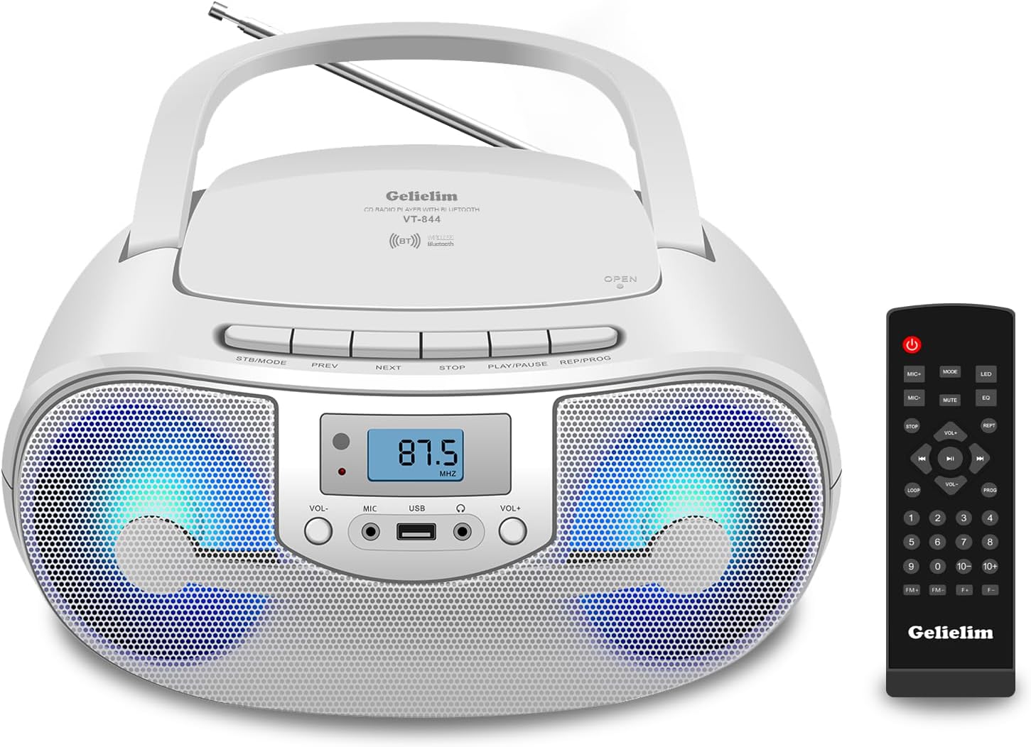 Gelielim CD Players for Home with Remote Control, Portable Bluetooth CD Boombox, Radio CD Player, USB Playback & Headphone Jack, Mic Jack, Colorful Light,Portable CD Player Mains or Battery Powered