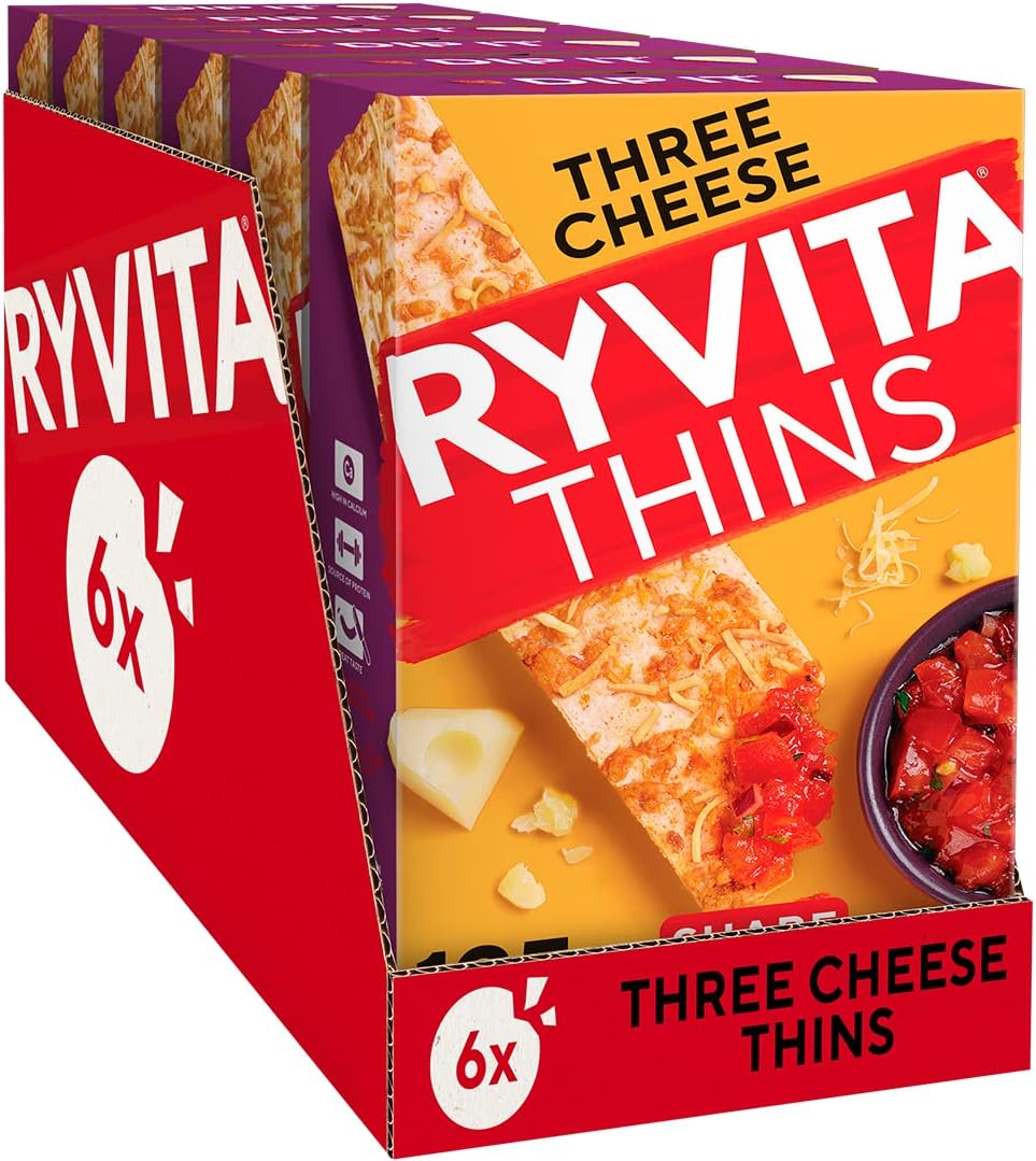 Ryvita Three Cheese Thins | Dipping, Snacking, Sharing | Fibre | Healthy | 6 PACKS of 125g