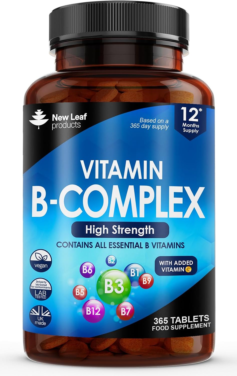 Vitamin B Complex - 365 Small Tablets (1 Year Supply) High Strength All 8 B Vitamins B1-B2-B3-B5-B6-B12, Biotin, Folic Acid and Vitamin C - Reduction of Tiredness, Energy & Immune Support - UK Made