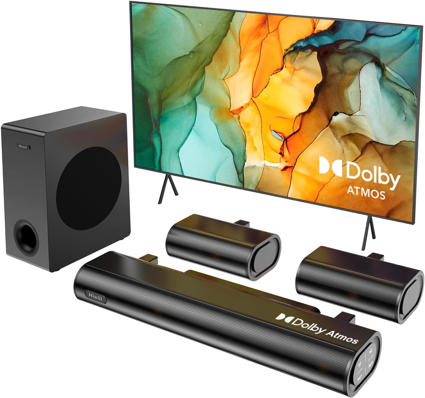 Hiwill 5.1CH Dolby Atmos Sound Bar for TV, 2 Wired Rear Speakers Surround Sound System, 380W Peak Power, Home Theater TV Speaker Soundbar with Subwoofer, HDMI eARC/ARC/OPT/BT 5.3, HiElite A51