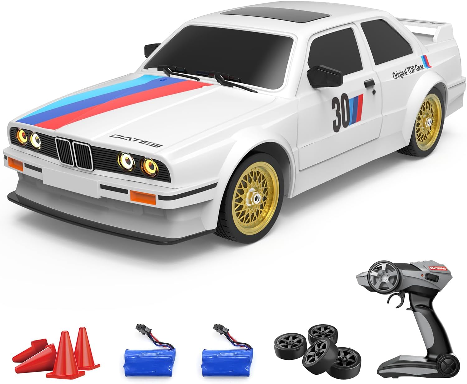 Dollox Remote Control Car 1/16 Scale RC Drift Car 2.4GHz 4WD High Speed 30+KM/H Classic Vehicle with LED Lights Drifting Tires Racing Vehicle Toys Gifts for Adults Boys, 2 Batteries, White