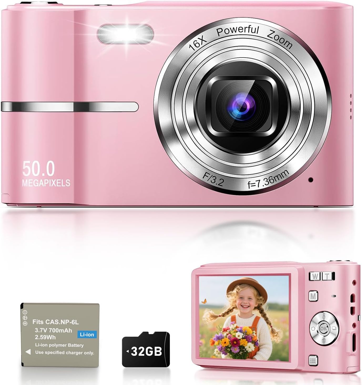 EJXHKNF Digital Camera, 1080P FHD Vlogging Camera 50MP Compact Portable Photo Camera with 2.4" Screen, 16X Digital Zoom Mini Small Pocket Camera for Kids Students with 1 Battery, 32GB Card (Pink)
