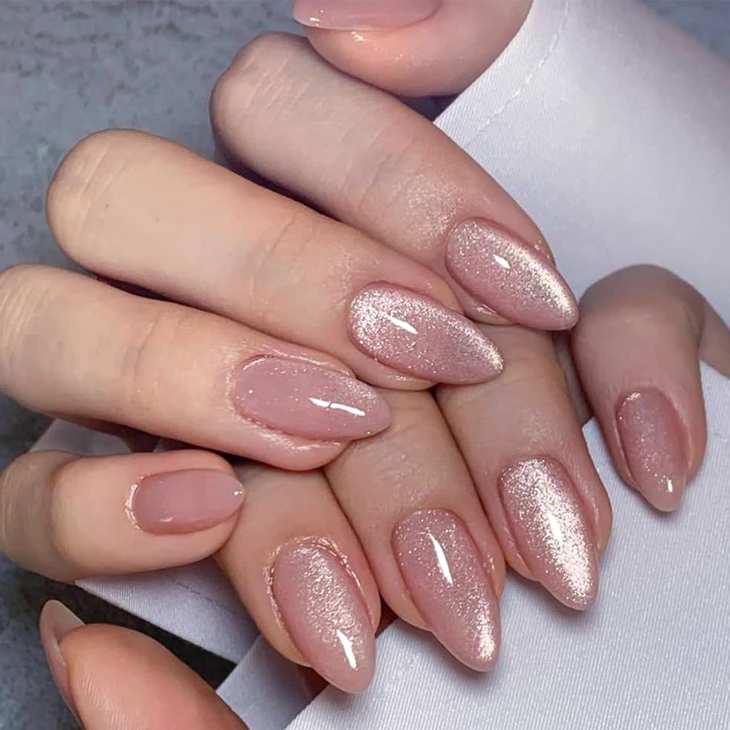 24Pcs Almond False Nails - 24pcs Medium Almond Pink Cat Eye Press on Nails - Reusable Glitter Medium Fake Nails - Full Cover Stick on nails with Glue for Women DIY Manicure