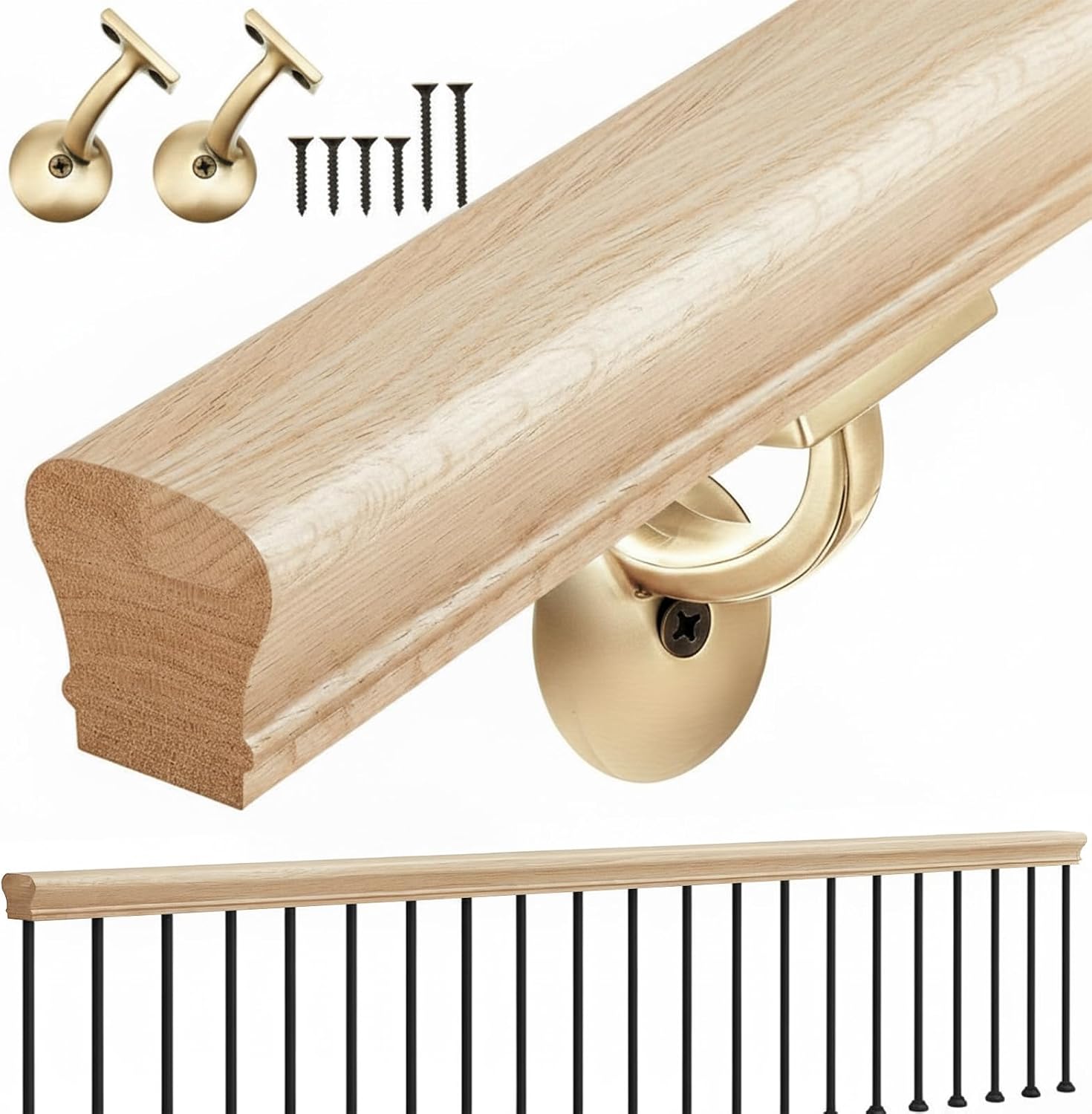 6010 Red Oak Straight Wood Handrail Kit 7 ft for Stairs–Dual Use Wall Mount & Railing Post Compatible, Indoor Wood Staircase Handrail for Home, Corridor, Loft(Brass, Tapered)