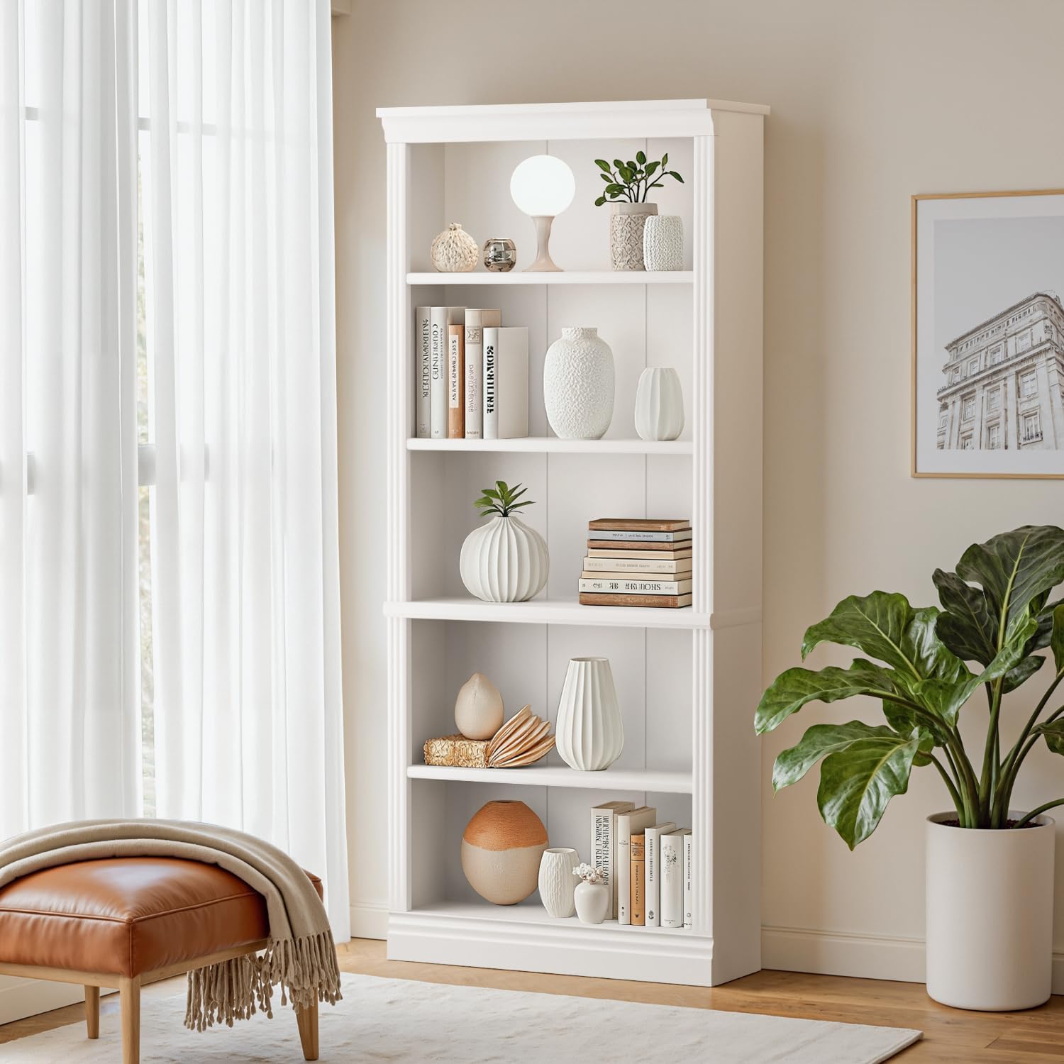Furniwell Bookcase Bookshelves, 5-Shelf Tall Bookcase 71" Wood Open Display Floor Bookshelf, Large Storage Organizer for Library, Bedroom, Living Room (White)