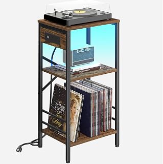 Record Player Stand with Charging Station, 3-Tier Side Table with LED Light, End Table Nightstand for Vinyl Storage, Tall Beside Tables Turntable Stand Living Room,Bedroom