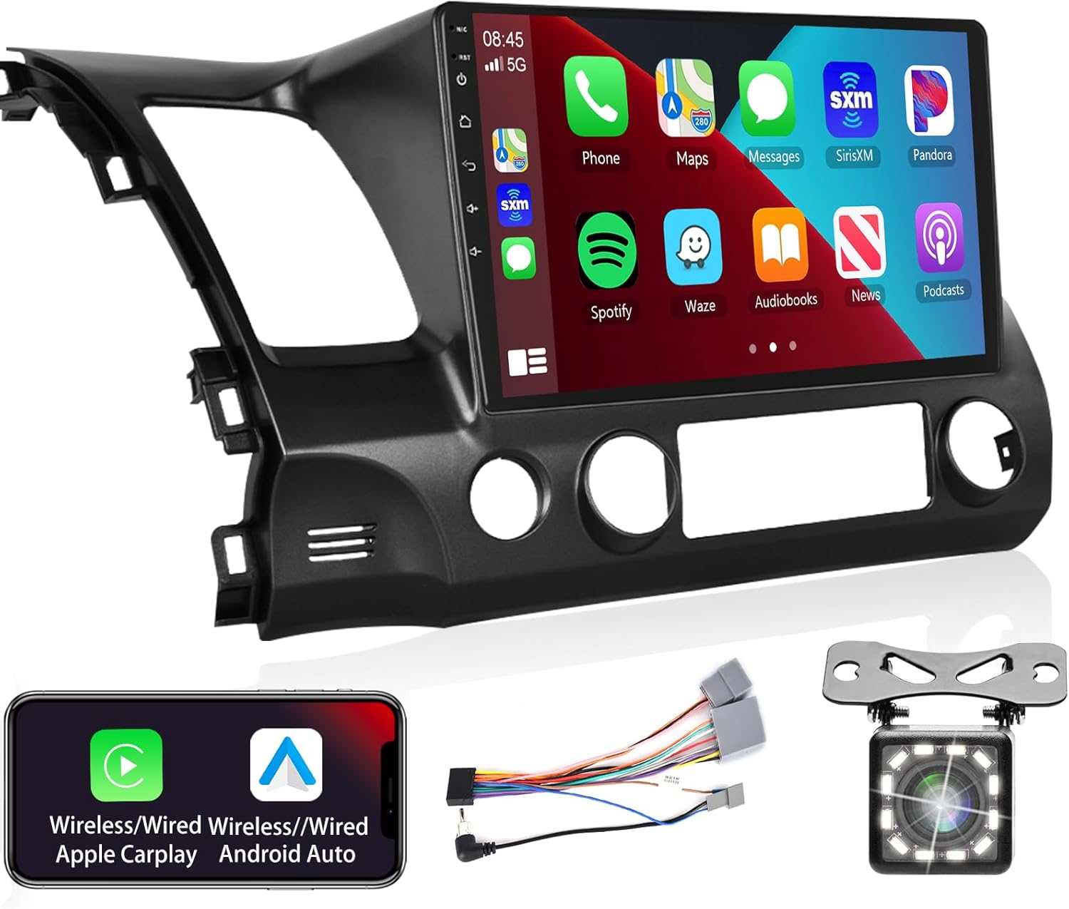Podofo Radio for Honda Civic 2006 2007 2008 2009 2010 2011 Car Stereo with Wireless CarPlay Android Auto,10.1 Inch 1080P Touch Screen【Built-in DSP EQ GPS Chip】 Bluetooth RDS FM WiFi Camera 2G+32G