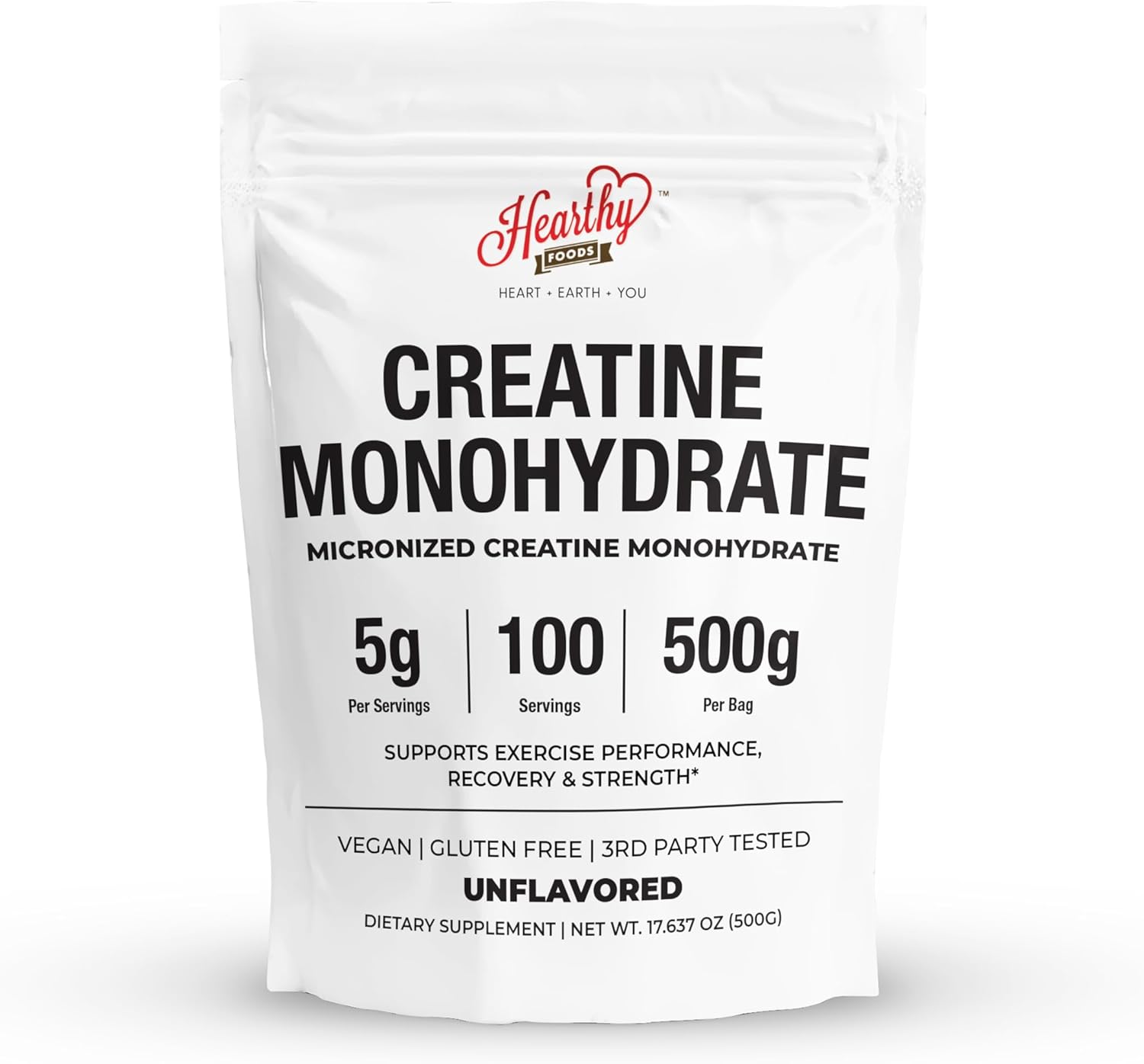 HEARTHY FOODS Creatine Monohydrate Micronized Powder 500G - 100 Servings, 5000mg Per Serving (5g) - 17.9 Oz for Men & Women Muscle Growth & Recovery - UNFLAVORED