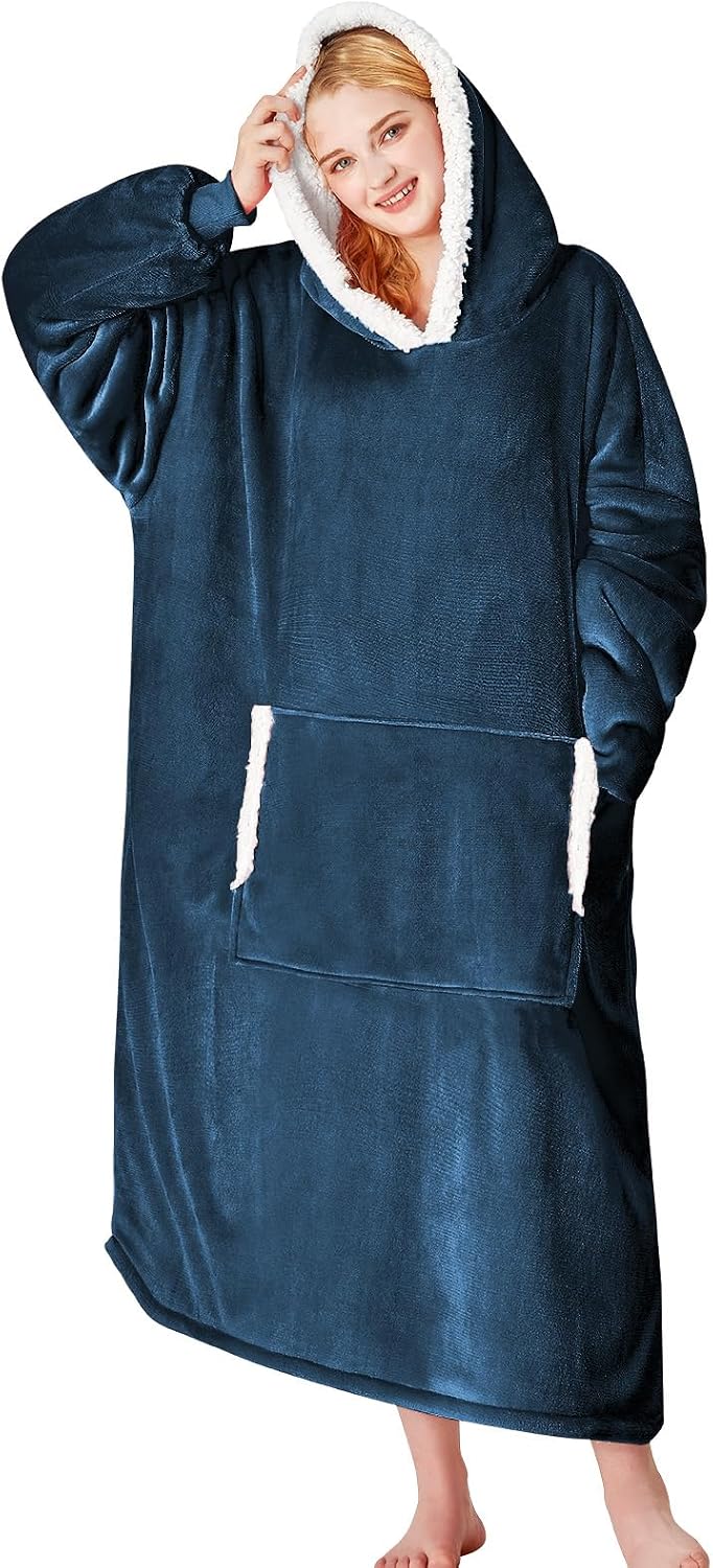yescool Wearable Blanket Hoodie, Flannel Sherpa Fleece Blanket Sweatshirt for Adults Women Men, Big Plush Cozy Hooded Blanket with Hood, Pocket & Sleeves, Large, One Size Fits All (Navy Blue)