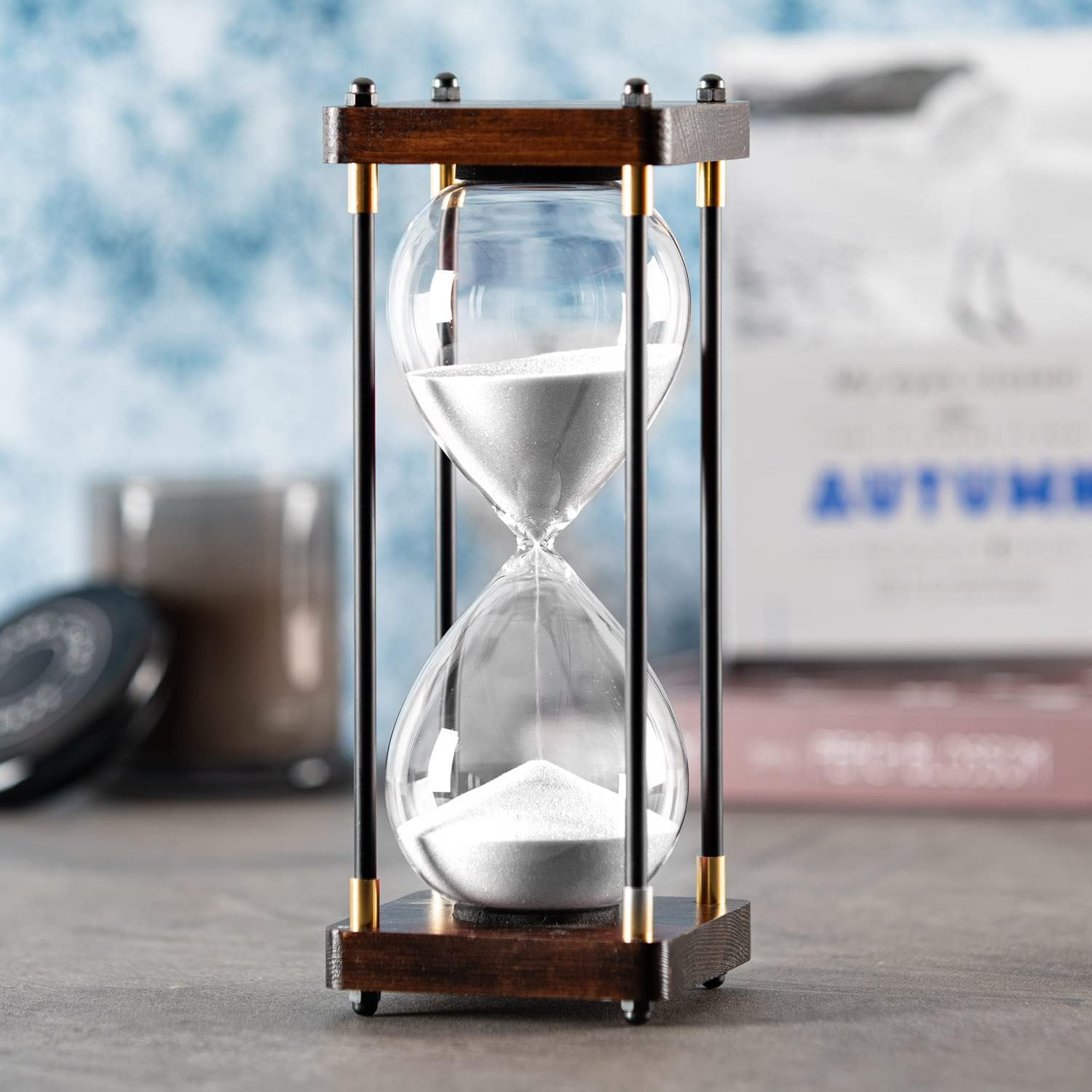 Large Hourglass Timer 60 Minute, Decorative Wooden Sand Timer with White Sand, 1 Hour Sand Clock