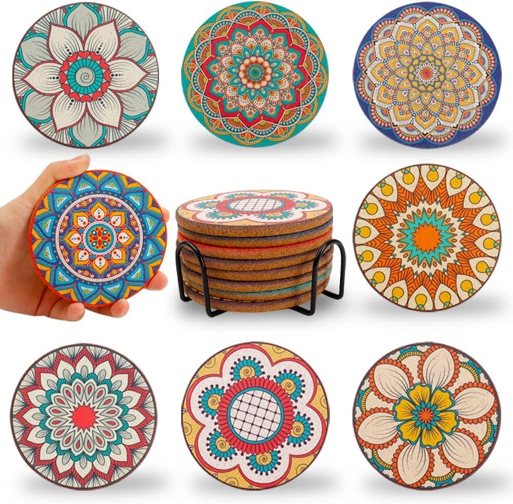 Coasters Set of 8,Cork Coasters for Drinks,Colorful Coaster with Holder,Cute Coaster for Coffee Table,Boho Decor for Apartment Home Bar,Graceice Gifts for Women for Friends