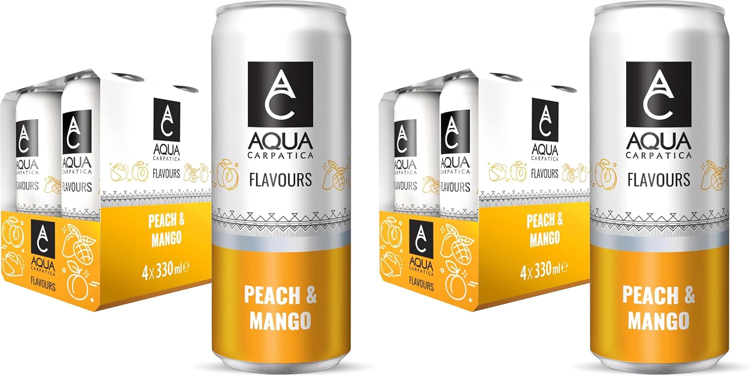 AQUA Carpatica Sparkling Flavours Mango & Peach 330ml x 4 - Natural Fruit Juice Infused Sparkling Water, No Added Sugar, Naturally Alkaline, Sweetened with Agave Syrup, Rich in Minerals (Pack of 2)