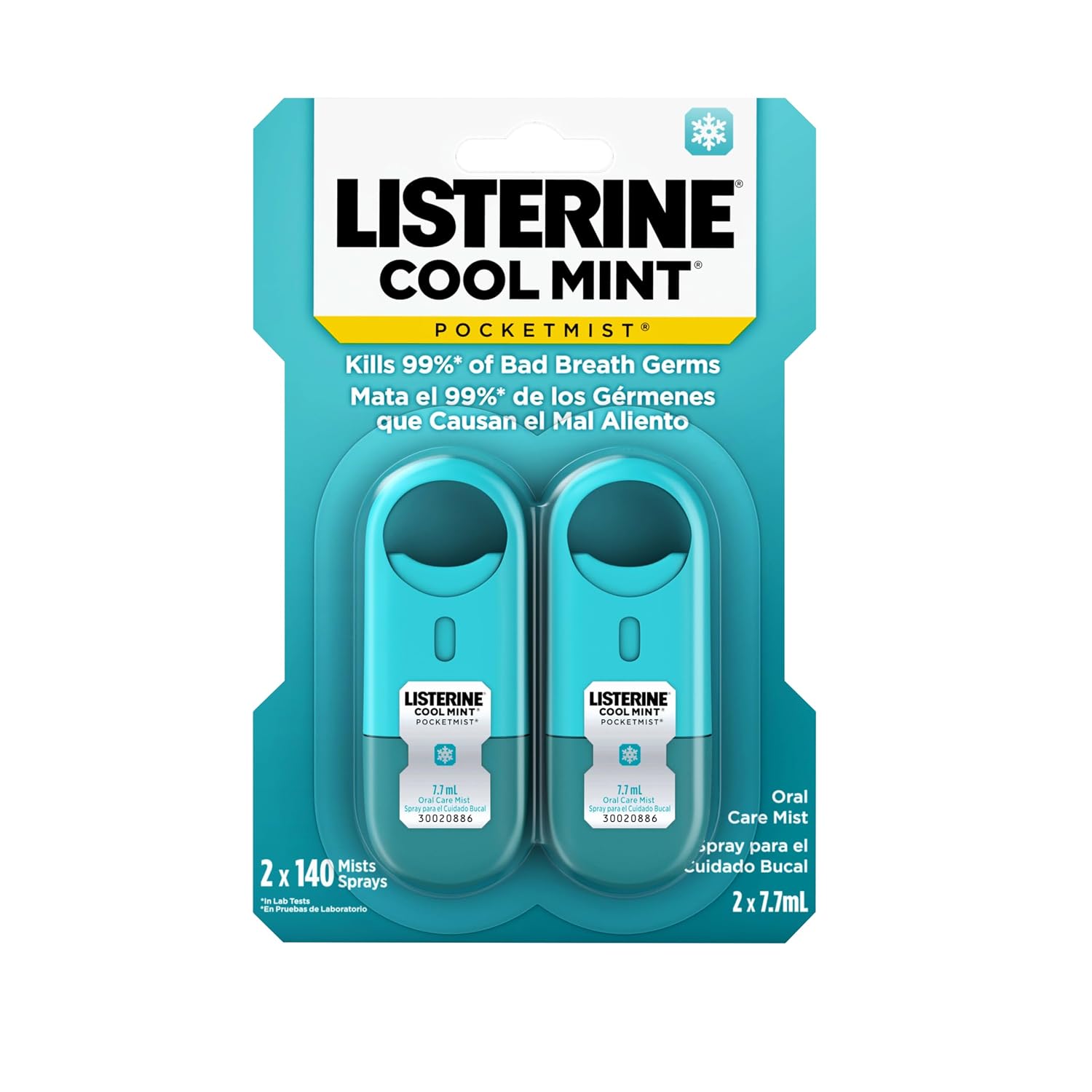 Listerine Cool Mint Pocketmist Oral Care Mist for Fresh Breath, Non-Aerosol Sugar-Free Travel Size Mouth Spray Kills 99% Bad Breath Germs, On-The-Go, Portable, Cool Mint Flavor, 7.7 mL x 2