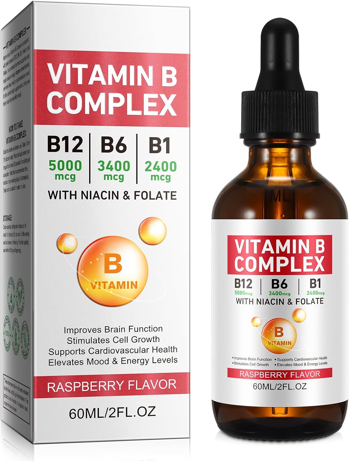 Liquid Vitamin B Complex Supplement, B Vitamins Complex - Vitamin B12 B1 B6 Niacin & Folate, 60ml, Raspberry Flavour - Supports Brain Heart Function, Elevates Mood & Energy Levels