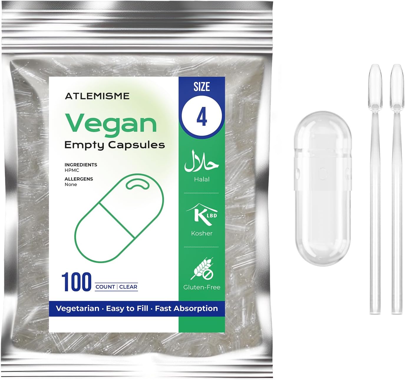 Empty Capsules Size 4 100 Count,Clear Empty Vegan Capsule Kosher,Halal and Non GMO Certified for DIY Supplements.Hypoallergenic Veggie Capsules Empty with 2 Spoons,Adapted to The Capsule Filler