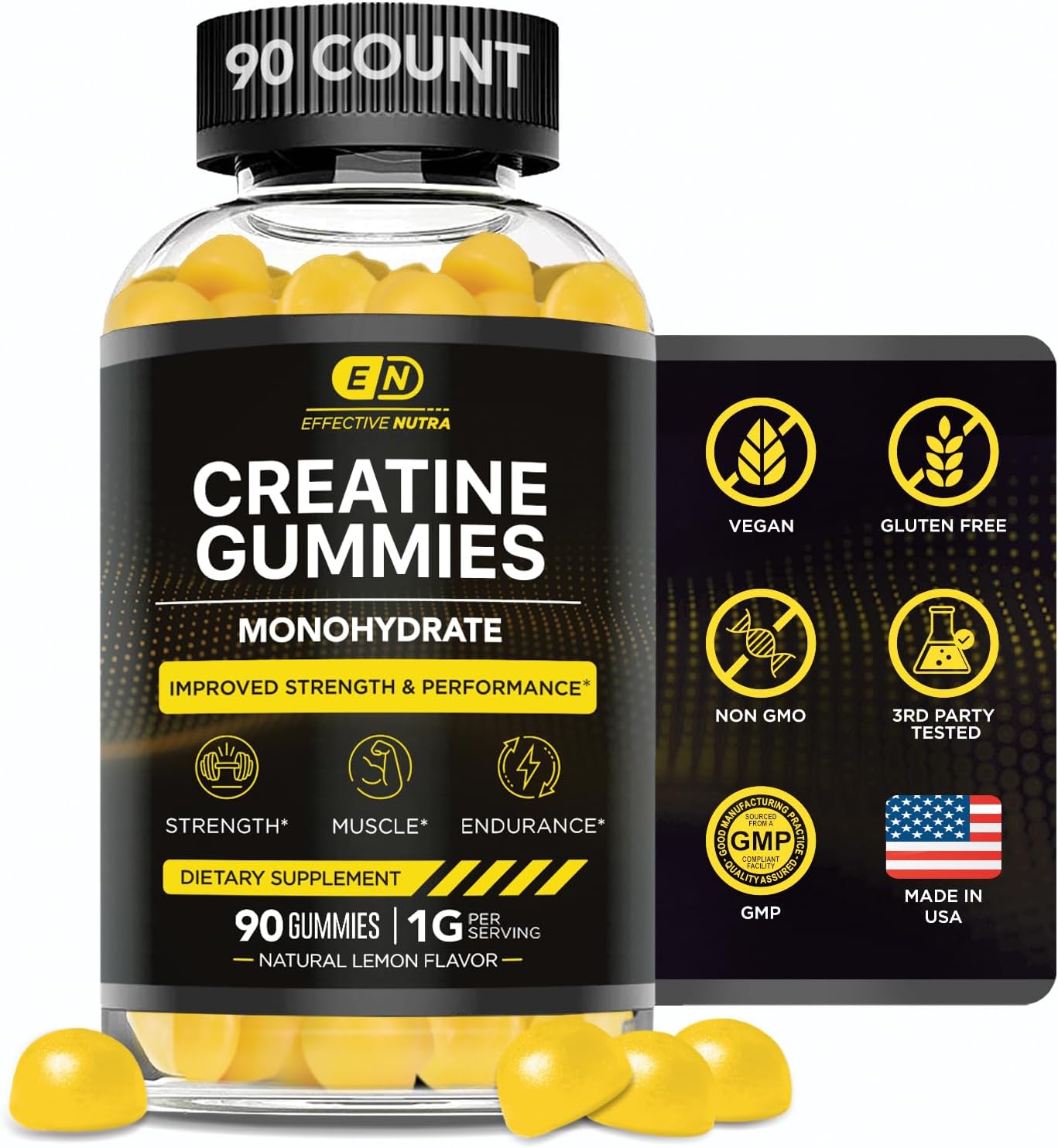 Creatine Monohydrate Gummies | 1g Per Gummy | Vegan Creatine Gummies Supplement for Men & Women | Strength, Muscle Growth, Energy, Endurance | Natural Lemon Flavor, Made in USA (90ct)