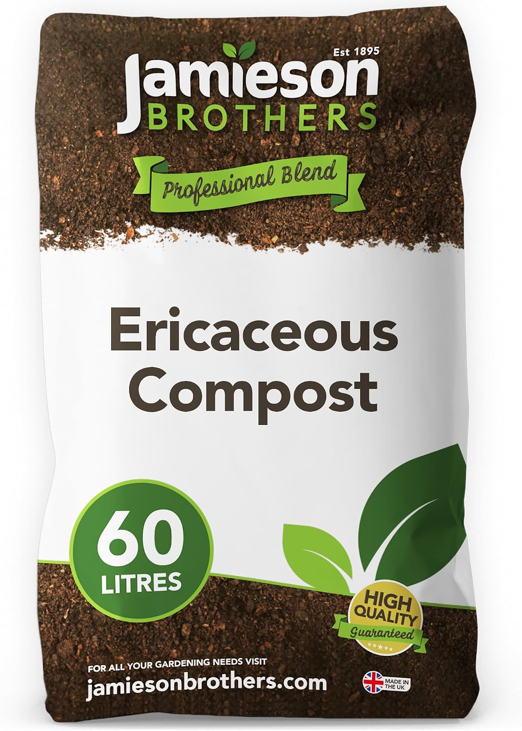 Ericaceous Compost 60L bag Premium Mix for acid loving plants such as Rhododendron, Blueberries, Hydrangea, Heathers, Azalea and many more Can be used in Pots, Baskets & Borders - By Jamieson Brothers