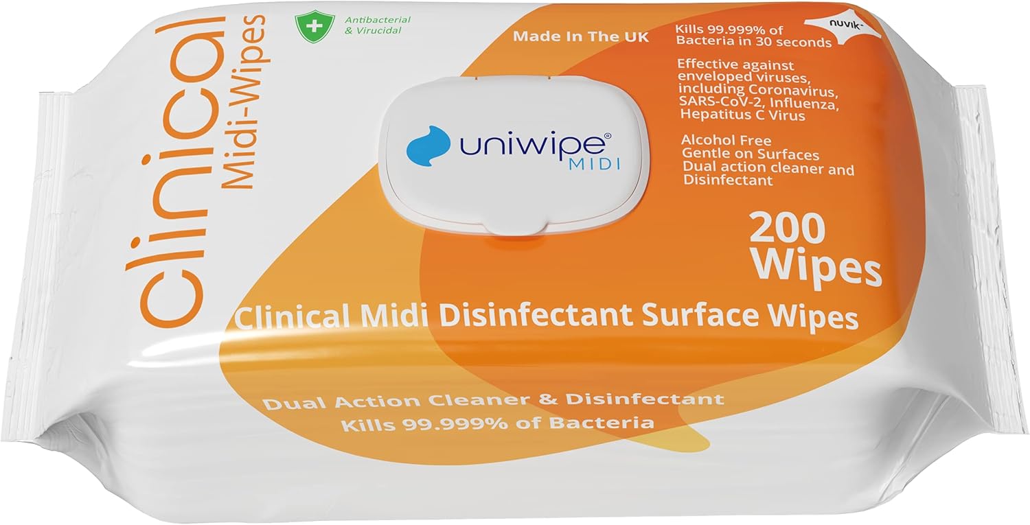 Uniwipe Clinical Midi-Wipes, Antibacterial, Sanitising, Kills 99.999% of Germs, 200 Count