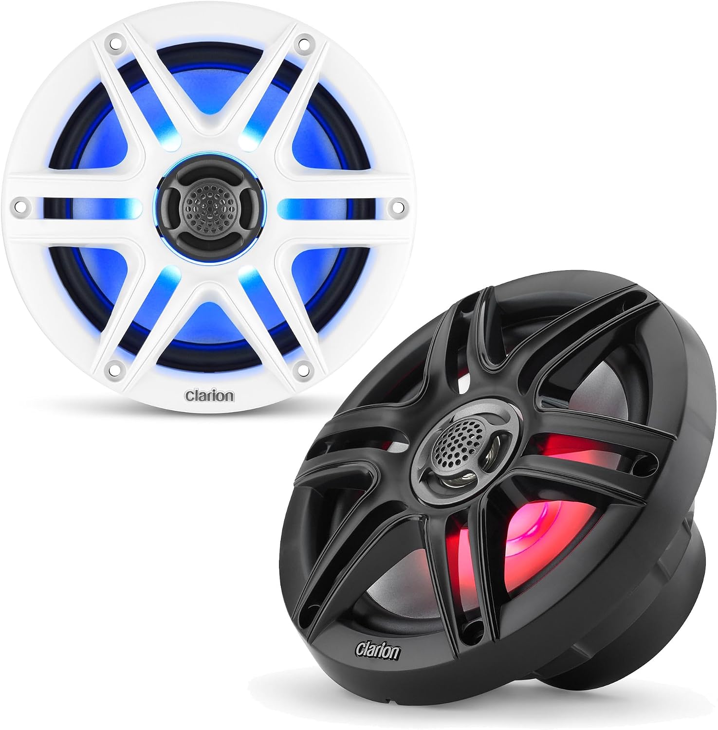 Clarion CMS-651RGB-SWB 6.5-inch Coaxial Marine Speakers with Built-in RGB Illumination 30W RMS Power handling 1/2-inch (13 mm) Polymer Dome Tweeter Includes White & Black Sport Grilles