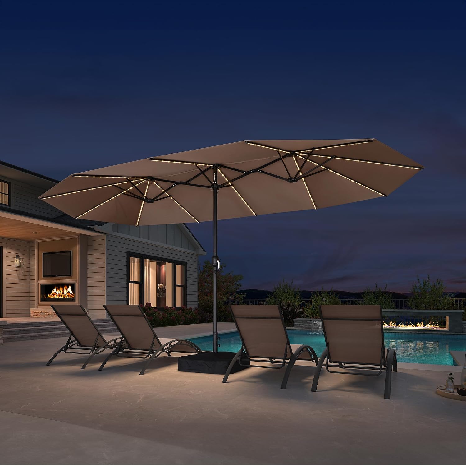 PURPLE LEAF 15ft Patio Market Umbrella with Solar LED and Base Double-Sided Rectangle Outdoor Table Sun Umbrellas with Crank for Pool Beach Deck Backyard Taupe