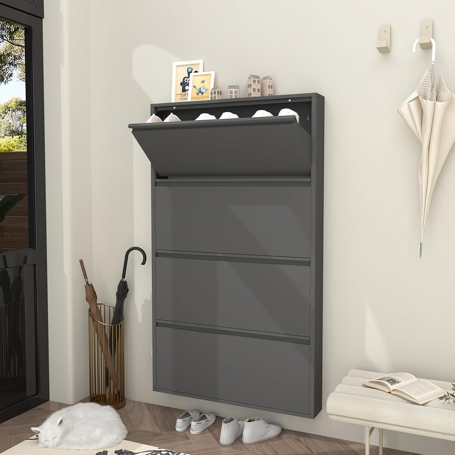 GREATMEET Black Shoe Cabinet Storage for Entryway, Narrow Shoe Cabinet for Entryway Slim, Wall Mounted Metal Hidden Shoe Organizer with 4 Flip Drawers