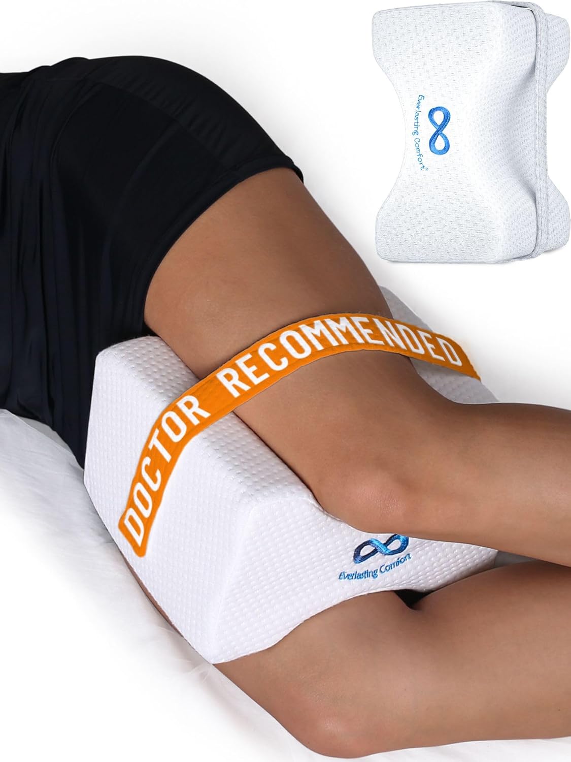Everlasting Comfort Memory Foam Leg & Knee Pillow for Side Sleepers - FSA/HSA Eligible Sciatica Pain Relief Leg Pillow for Side Sleeping - Adjustable Strap