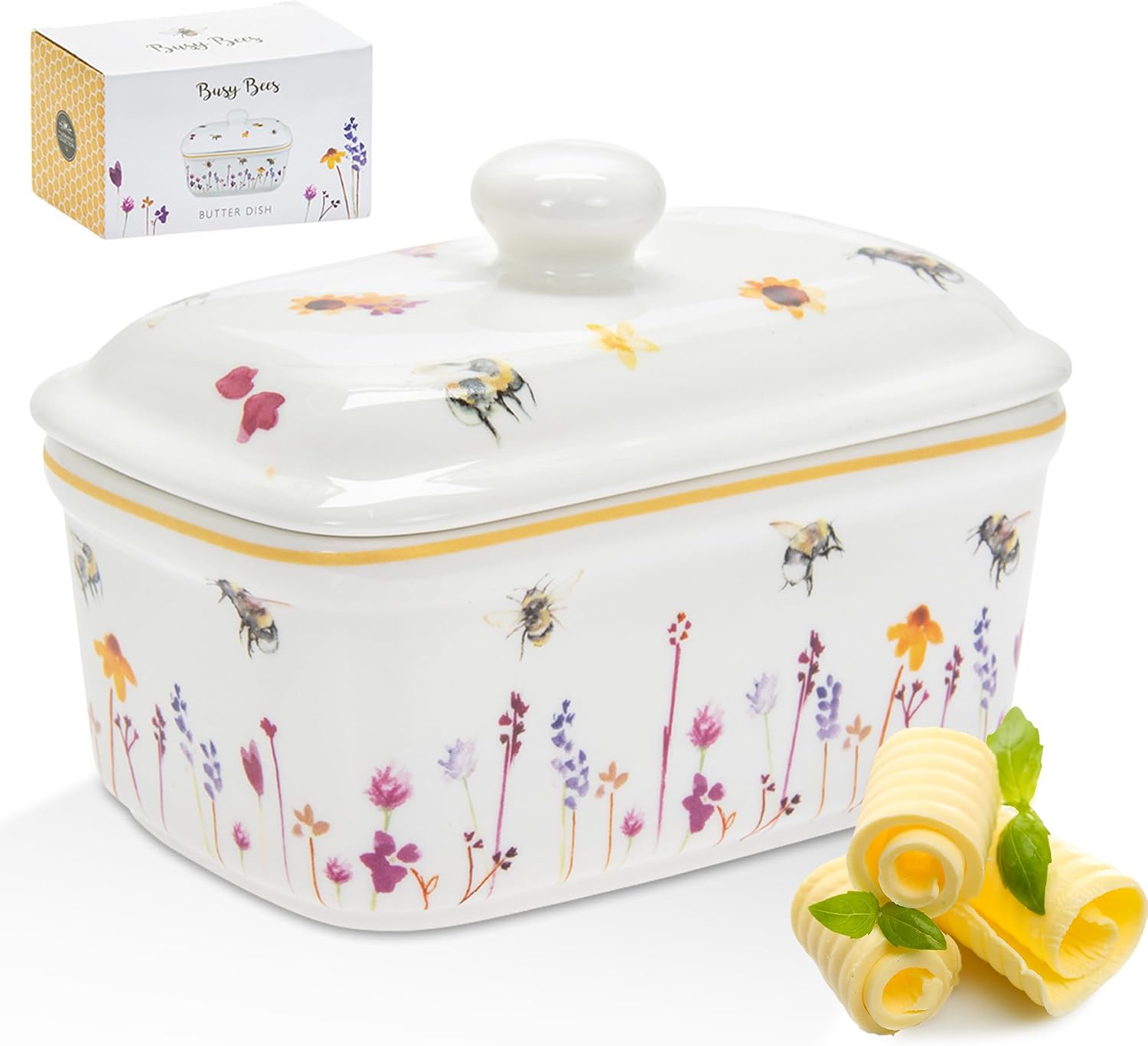 The Leonardo Collection Jennifer Rose Busy Bees Fine China Butter Dish | Ceramic butter keeper, decorative bee design, kitchen
