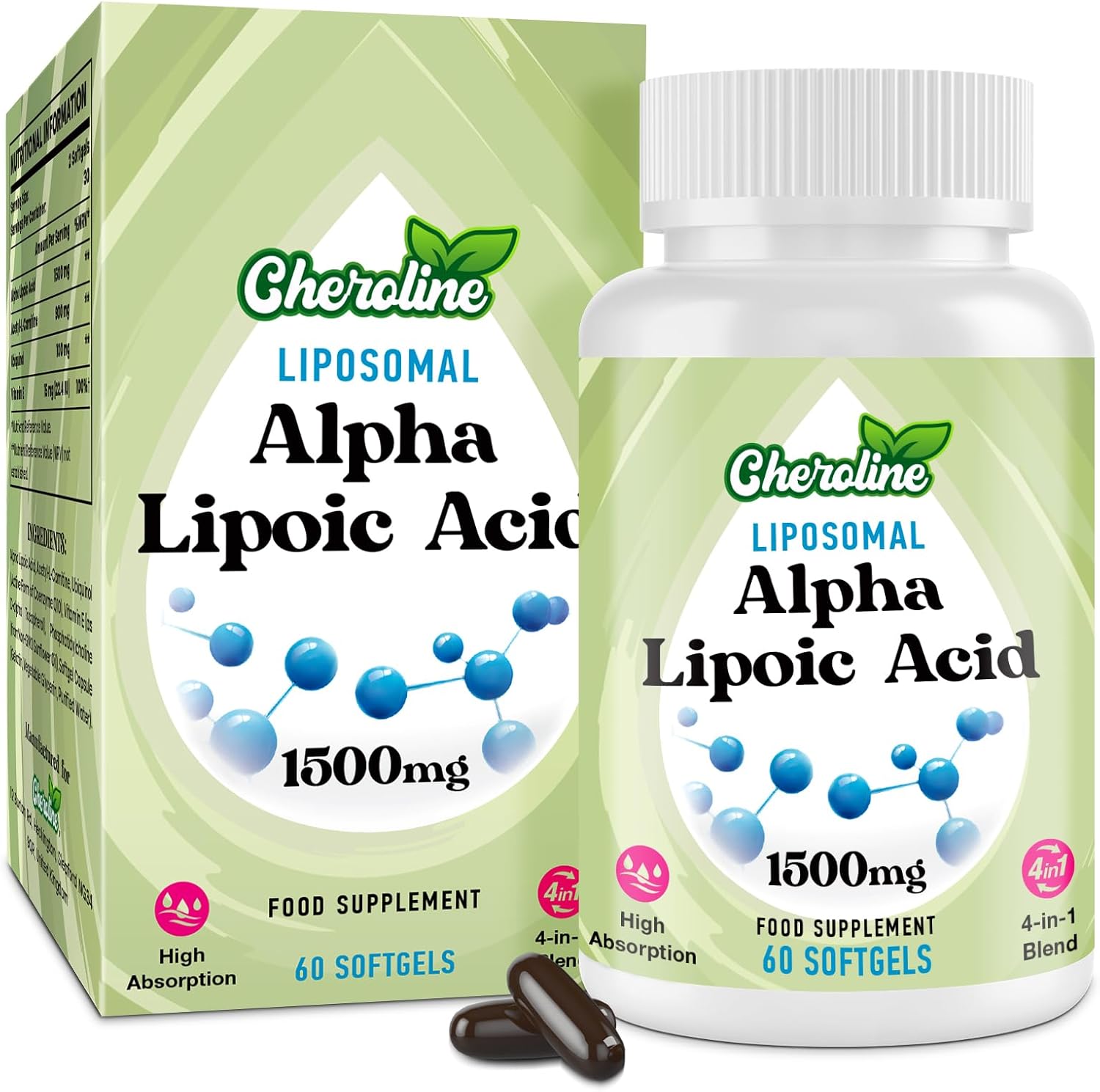 Alpha Lipoic Acid 1500mg, Liposomal High Absorption ALA Supplement, 4-in-1 Formula with Acetyl-L-Carnitine, Ubiquinol & Vitamin E, Powerful Energy Support, 60 Softgels