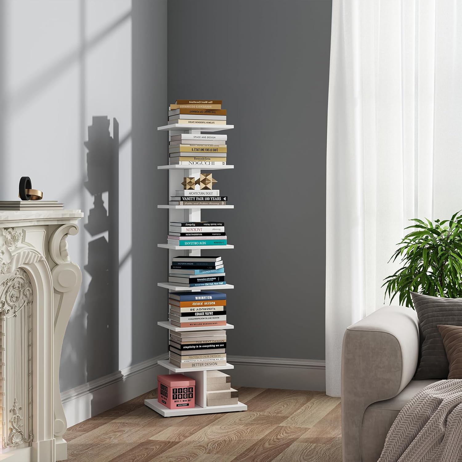 TUTOTAK Vertical Bookshelf, 8-Tier Bookcase, Narrow Spine Book Shelf for Small Space, Corner Standing Shelf for Living Room, Office, Study, Entryway, White BS06BW008EU