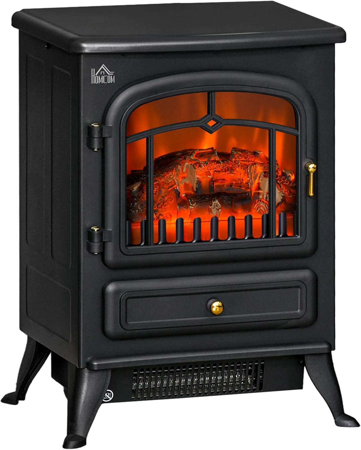 HOMCOM Freestanding Electric Fireplace Indoor Heater Glass View Log Wood Burning Effect Flame Portable Fireplace Stove 950/1850W Black