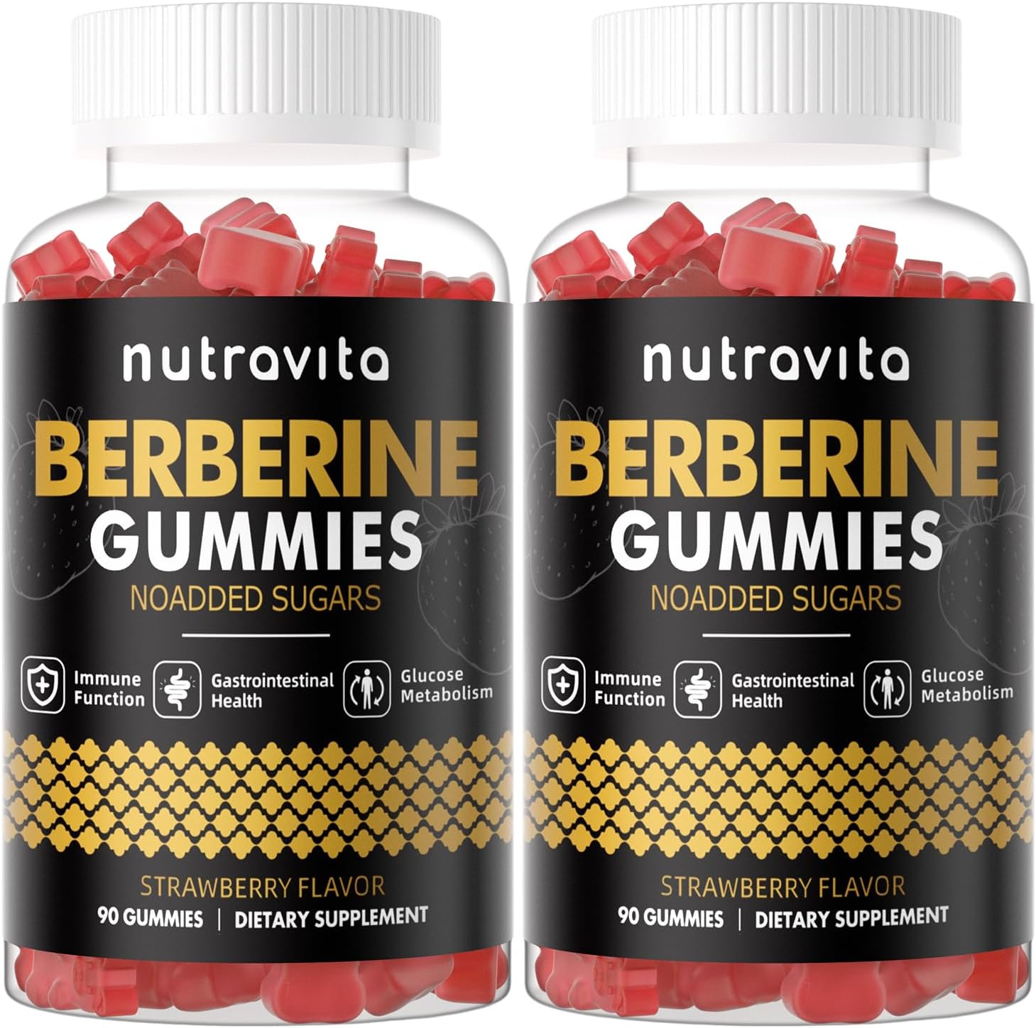 Nutravita Berberine Gummies with Ceylon Cinnamon 1500mg High Potency Berberine HCL Supplement for Immune and Metabolism Support, Sugar Free Organic Berberine Gummies Strawberry Flavor-2PACK