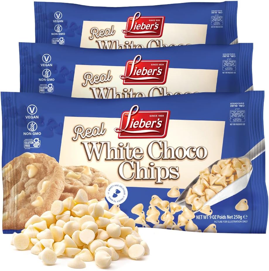 Lieber’s Vegan Semi-Sweet Real White Chocolate Chips, 250g (Pack of 3) | Gluten Free, Dairy Free, Kosher, Low Calorie Chocolate Chips for Baking