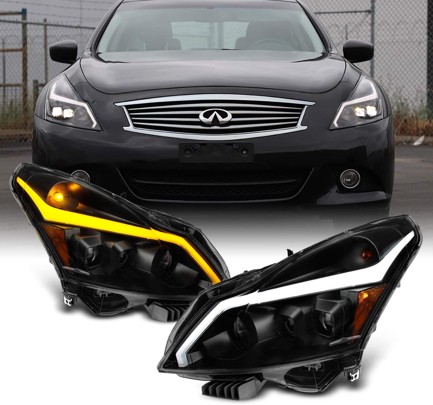 AKKON - For 2010-2013 G37/G25 2015 Q40 Sedan Black Smoked LED Sequential LED Signal Tube Projector Headlights