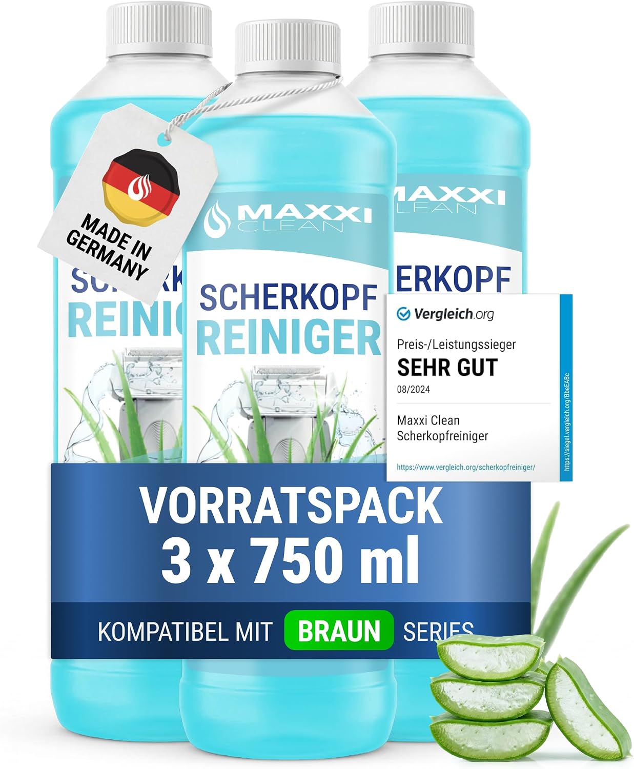 Maxxi Clean | Shaver Head Cleaner for Cleaning Cartridge | 3x.750 ml Refill Liquid | Shaver Cleaning Fluid Compatible with Braun Cleaning Station | Cleaning Spray with Aloe Vera Scent
